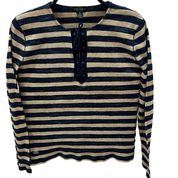 LRL Ralph Lauren Jeans Co. women's XL Nautical Striped Lace Up Top ~ Navy Beige - Picture 1 of 5